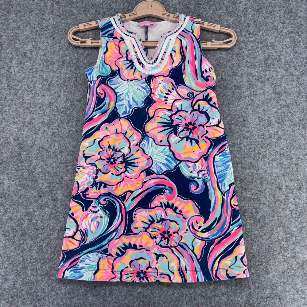 Lilly Pulitzer Girls Floral French Terry Shift Dress Navy Pink Blue Size L 8-10